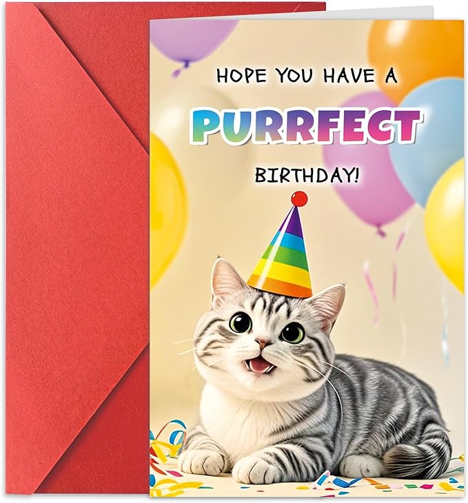 Happy Purrfect Birthday Card Funny Cat Bday Notecard Gift for Him Her Mom Wife Sister Coworkers Friends