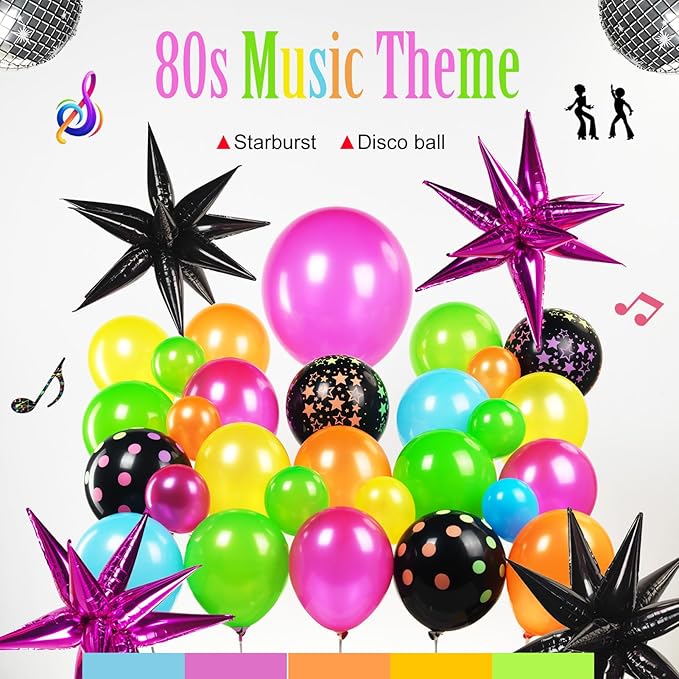 Rainbow balloons hot pink and blue balloon garland arch kit 170+pcs with Neon Luminous Fluorescent Balloons and star mylar balloon for Birthday grad Back to 80s 90s Disco party decorations