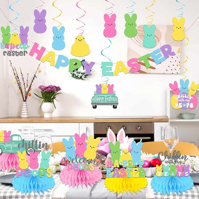 Easter Party Decorations, Easter Decorations Includes Happy Easter Banner Hanging Swirls Easter Party Supplies Honeycomb Centerpieces, Easter Bunny Decorations for Office Home Classroom Spring Party