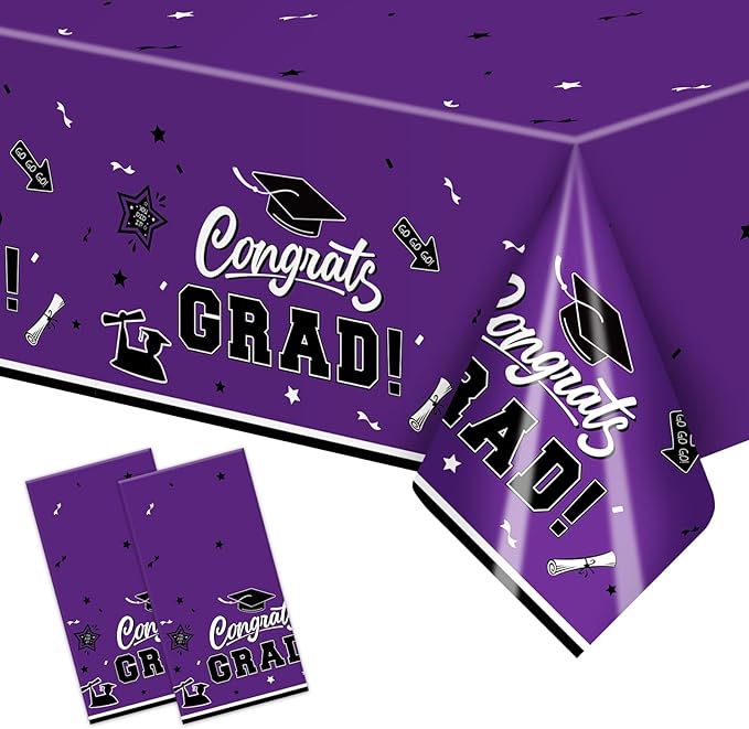 2-Piece 54 x 108 Inch Graduation Plastic Tablecloth – Graduation Disposable Rectangle Table Covers with “Congrats Grad” Design for Class of 2026 Party, School and Home Decorations