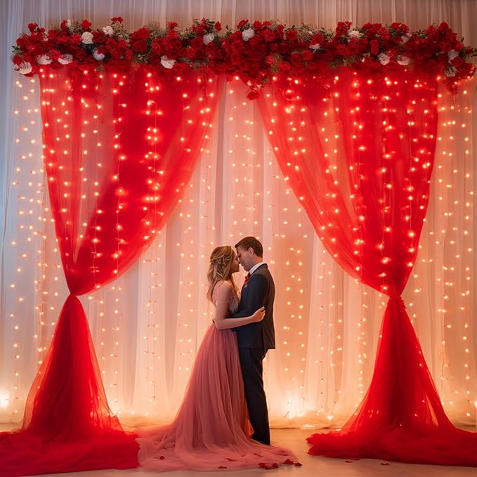 10x10ft Red Tulle Backdrop Curtain with Lights String for Parties, Sheer Photo Backdrop Curtains for Valentines Wedding Baby Shower Birthday Party Photo Shoot Decorations
