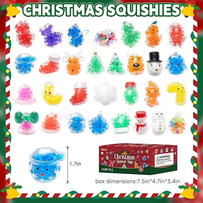 30 Pack Christmas Squishies for Kids, Christmas Stress Balls,Kawaii Mini Squeeze Toys, Bulk Squishy Squeeze Ball Set and Birthday Party Favors (Christmas-30)