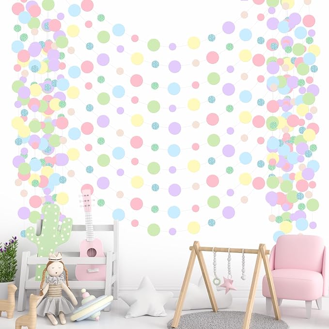 Outus 10 Pieces Colorful Dots Paper Garland Easter Decor Round Glitter Hanging Confetti Streamers Backdrop for Spring Birthday Classroom Halloween Trunk or Treat Car Decoration (Pastel)