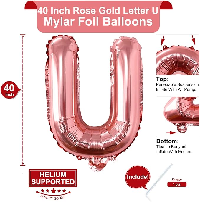 Lovoir 40 Inch Large Rose Gold Letter U Balloons Big Size Jumbo Mylar Foil Helium Balloon for Birthday Party Celebration Decorations Alphabet Rose Gold U