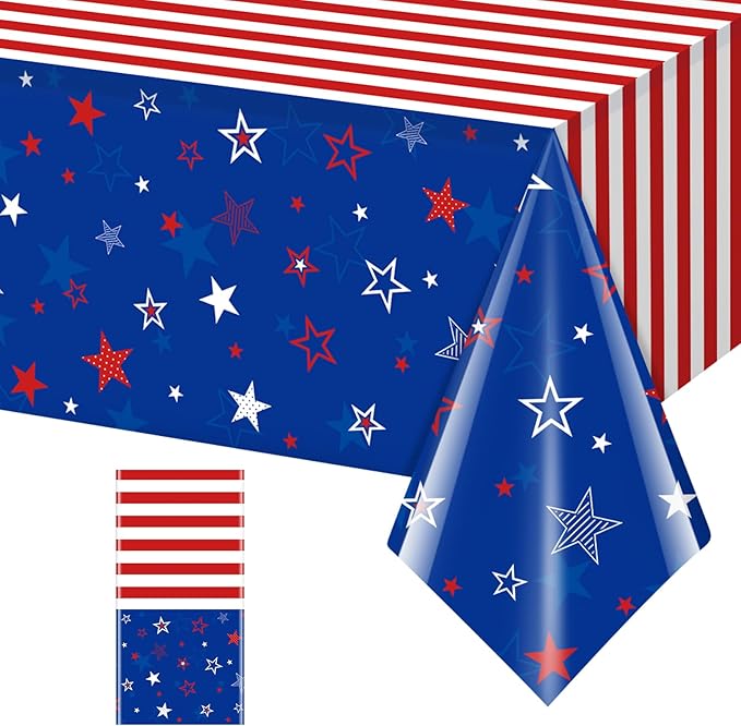1Pcs Patriotic Tablecloths for 4th of July Decorations,Red White Blue Star Plastic Disposable Table Cover for Fourth of July Memorial Patriotic Day Independence Veterans Day Party Supplies,54x108 Inch