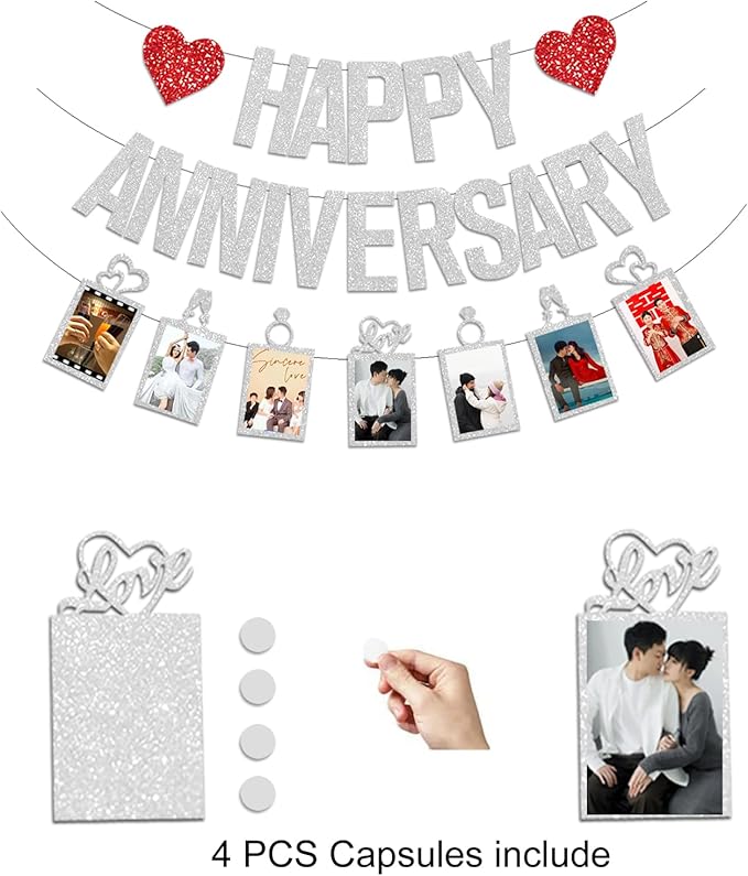 Happy Anniversary Photo Banner Glitter Decor for Wedding Celebration Party Decorations (silver)