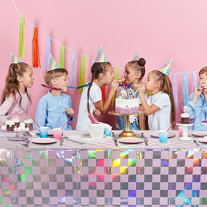 FunnyPars 3Pack Iridescent Checkered and Purple Plastic Tablecloths Shiny Disposable Laser Rectangle Table Covers Foil Tablecloth Iridescent Party Decorations Birthday Bridal Baby Shower, 54x108Inch