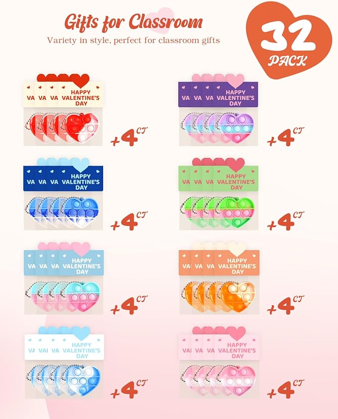 32 Pack Prefilled Valentines Day Pop Fidget & Cards Set for Kids Classroom - Mini Heart-Shaped Toys, for School Class Exchange & Party Favors