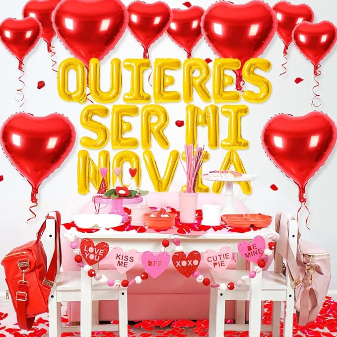 2 Set 16 Inch QUIERES SER MI NOVIA Balloons, Gold Will You Be My Girlfriend Letter Balloons Spanish with 200pcs Artificial Rose Petals for Valentines Anniversary Day Banner Decorations