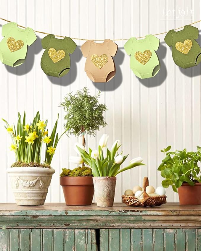 Green Brown Baby Shower Paper Garland Short-Sleeve Bodysuits Clothesline Garland Gender Reveal Birthday Banner Baby Outfit Pre - Strung Paper Decorations 9 pcs