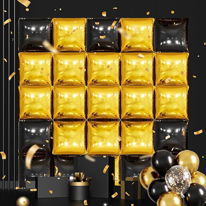 50PCS Black and Gold Square Foil Balloon Wall Backdrop for 2026 New Year Eve Party Decoration, 19'' Double Sided Metallic Balloon Garland Arch Kit for Graduation Anniversary Bachelorette Bridal Decor