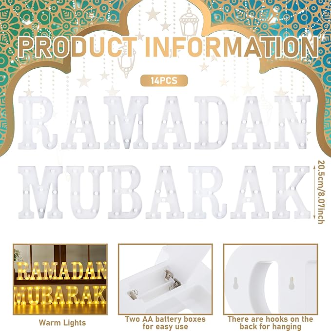 14 Pcs Ramadan Mubarak Large LED Letter Sign Powered Battery Light Hanging Decor for Party Decorations Indoor Outdoor