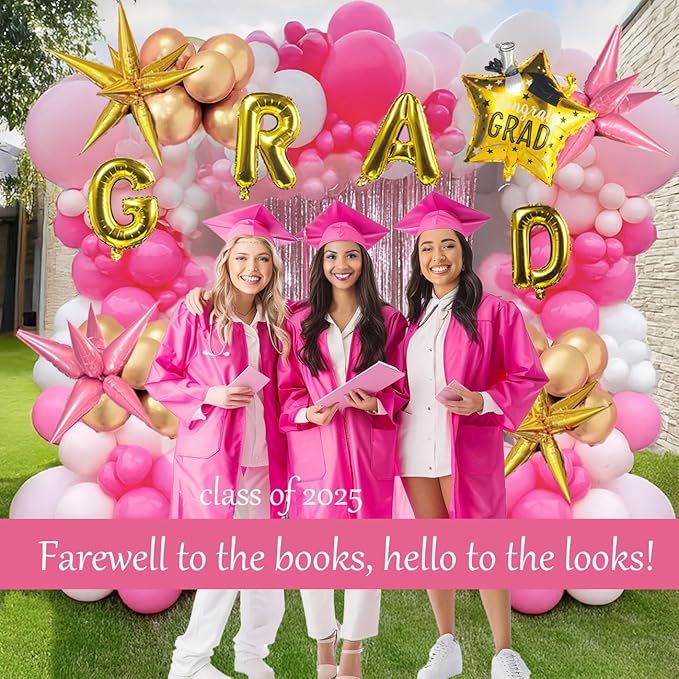 Pink Graduation Balloon Garland Arch Kit 122PCS with Graduation Star Certificate Letter Mylar Foil Balloons for Graduate Class of 2026 Grad Prom party Decorations Supplies (Hot Pink White)