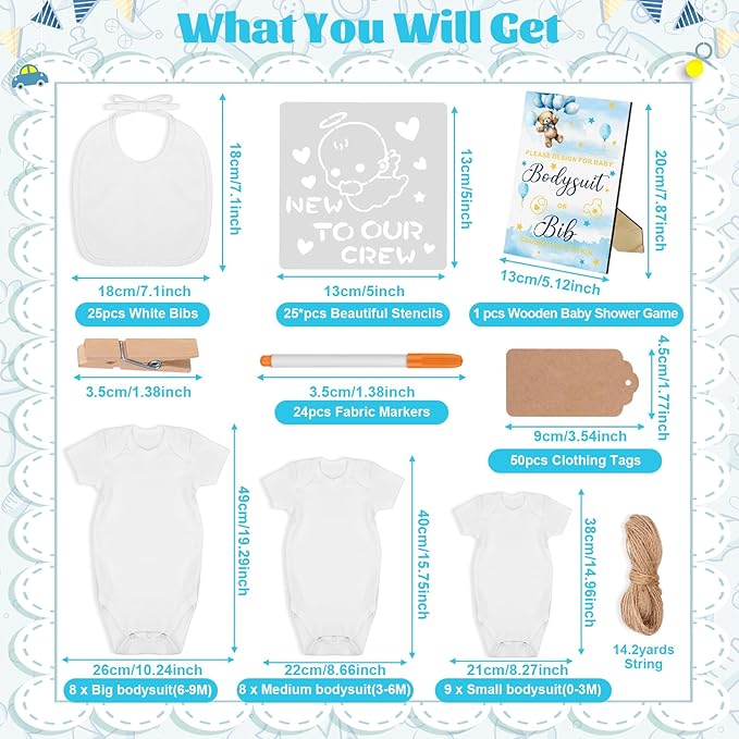 201 Pcs Baby Shower Set Baby Shower Game Sign Baby Bib Bodysuit White Baby Bib Newborn Bodysuit Baby Shower White Decorating Kit(New Blue Bear)