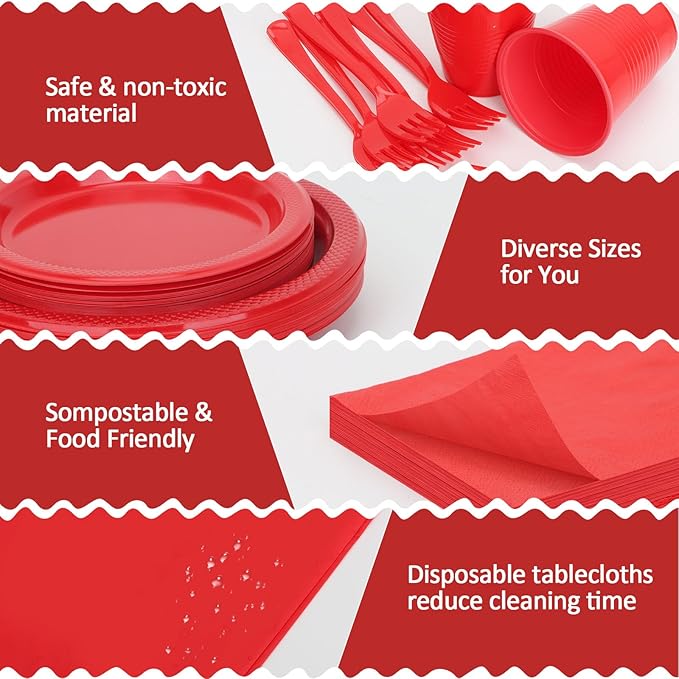 Red Plastic Plates Tableware Set - 50 Guest - 7&9inch Plates,Napkins,Forks,Cups & Tablecloths,Disposable Party Supplies for Birthday,BBQ,Christmas