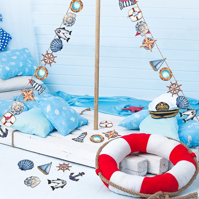 Chunful 30 Pieces Summer Tree Ornaments Christmas in July Wood Hanging Decoration Beach Wooden Slices Winter Tree Ornaments with String for Luau Hawaiian Party Supplies (Sailing Style)