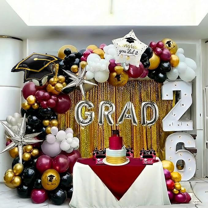 Maroon Black white Silver Graduation Balloon Garland Arch Kit with Graduation Star print Certificate Letter Mylar Foil Balloons for Graduate Class of 2026 Grad Prom party Decorations Supplies