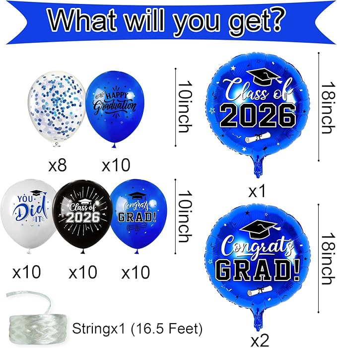 Blue and Black Graduation Balloons Graduation Decorations 2026, 51Pcs Grad Latex Balloons and Grad Foil Balloon with Confetti Ribbons Grad Party Decorations for College High School