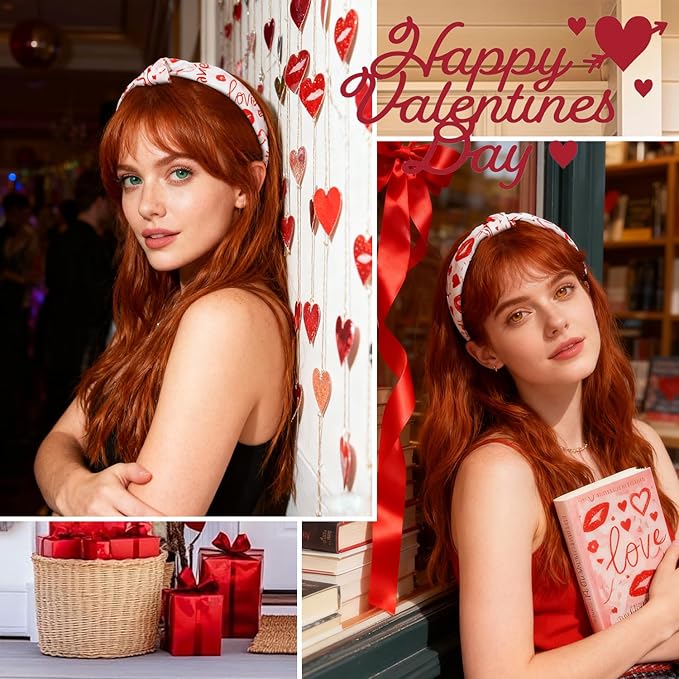 1pcs Valentines Headband With Red Lips Designs English Letters Headbands Fashion Women Head Band Non Slip Cute Knotted Headbands for Women for Valentines Lover Party Hair Accessory