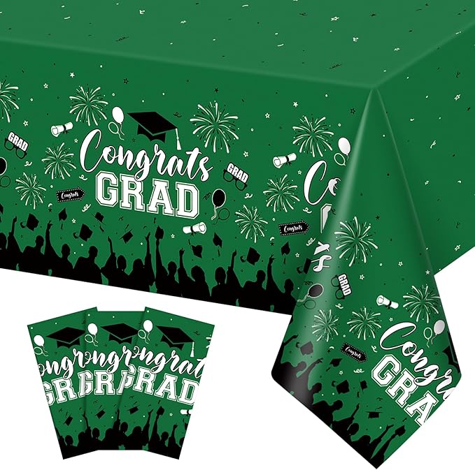 3 Pack Plastic Graduation Tablecloth, Graduation Decorations 2026 Disposable Rectangle Green Black Table Cover, 2026 Gongrats Grad Table Cloths for Graduation Party Decorations, 54x108Inch