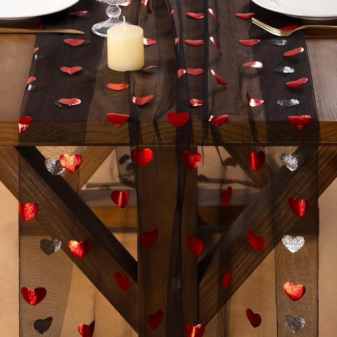 Socomi Valentine's Day Red Heart Table Runner Gauze Sheer Romantic Sequin 10FT Glitter Metallic Foil Dining Wedding Birthday Party Baby Shower Holiday Centerpiece Table Decor Black