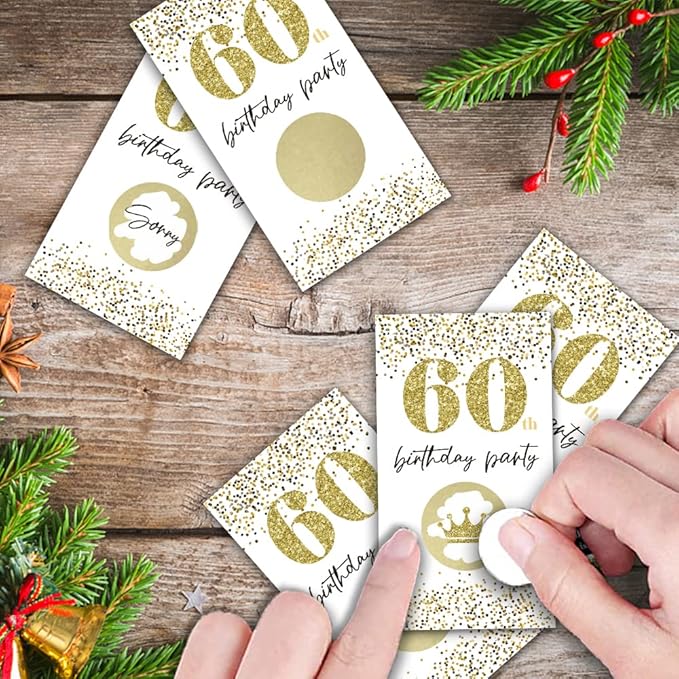 REWIDPARTY White Gold 60th Birthday Party Scratch Off Game Cards（32 PCS） Happy 60th Birthday Party Scratch Cards Cheers to 60 Years Party Supplies Activity for Birthday Raffle Tickets Kids Adults