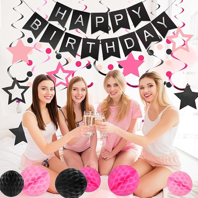 meowtastic Birthday Decorations, Happy Birthday Banner with Honeycomb Balls, Stars Hanging Swirl Streamers, Circle Dots Garland, Happy Birthday Party Decorations for Women Men Boys Girls (Black&Pink)