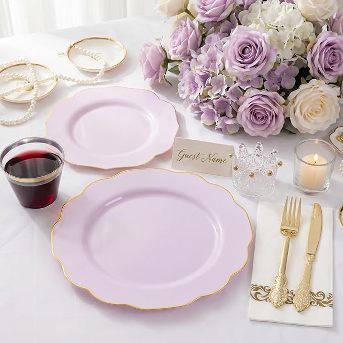 NOCCUR 175PCS Purple Plastic Plates with Gold Disposable Silverware - Include 50 Lavender and Gold Plastic Plates,25 Knives,25 Forks,25 Spoons,25 Cups and 25 Napkins - Easter Day/Spring Party