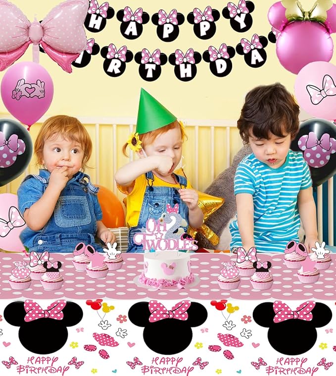Pink Mouse 2nd Birthday Party Supplies, Oh Twodles Girl Second Party Decorations Includes Happy Birthday Banner, Hanging Swirls, Tablecloth, Cake Cupcake Toppers, Bow Foil Balloon, Latex Balloons