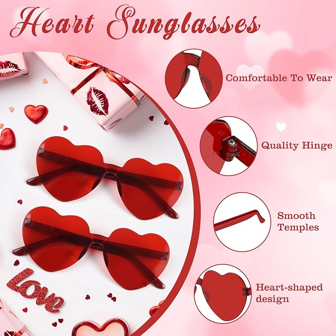 PLULON Heart Sunglasses for Women 5/12/25 Pcs, Heart Glasses Valentine Day Rimless Shaped Candy Color Fun Glasses Party Favor