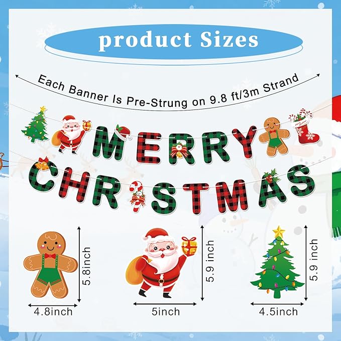 Merry Christmas Banner,Pre-Strung Red Green Buffalo Plaid Christmas Banner, Gingerbread Xmas Tree Garland Sign for Christmas Party Decorations,Indoor,Home, Office,Fireplace,Wall,Windows,Holiday Decor