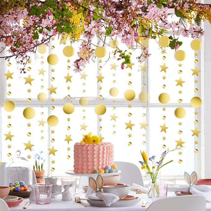 Glitter Star Garlands Decorations, 52 Feet Star Paper Garland Banner, Circle Dot Star Hanging Streamers for Valentine's Day Wedding Birthday Anniversary Ramadan Graduation Party Supplies Decorations