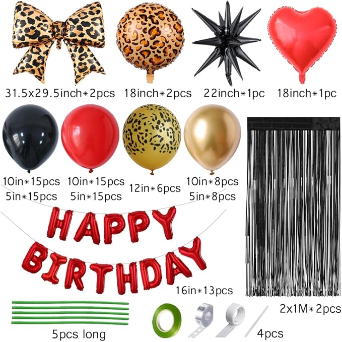 Red Black Cheetah Print Birthday Decorations Balloons Kit, 112Pcs Red Black Gold Latex Balloons with Bow Heart Happy Birthday Foil Balloon and Fringe Curtain for Girls Women