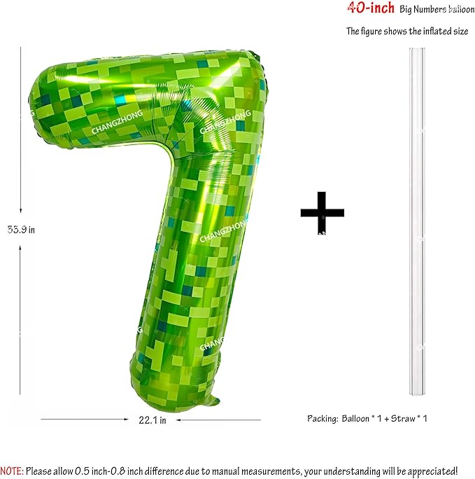 40 inch giant Green pixel miner game number 7 balloon Large mining theme foil balloon 0-9 Suitable for pixel game parties children's birthdays party anniversary celebrations baby shower decoration