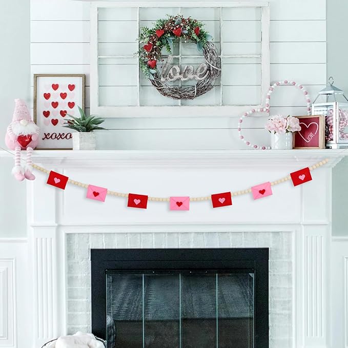 DAZONGE Retro Valentines Day Decor, Felt Envelope Wood Bead Valentines Garland Banner, Valentine’s Day Banner for Wedding, Anniversary Decor