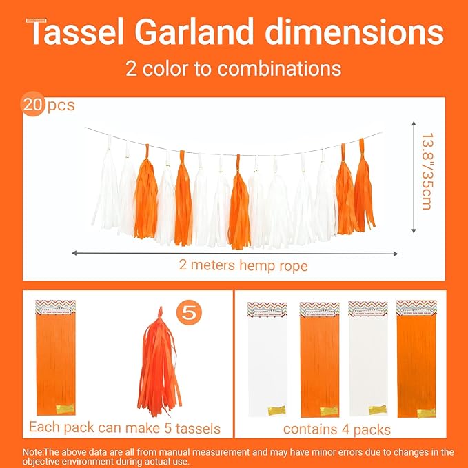 Orange White Tissue Paper Tassel, Orange Party Decorations for Birthday, Baby Shower,Bridal,Sport Game,Graduation,Halloween 20 Pack