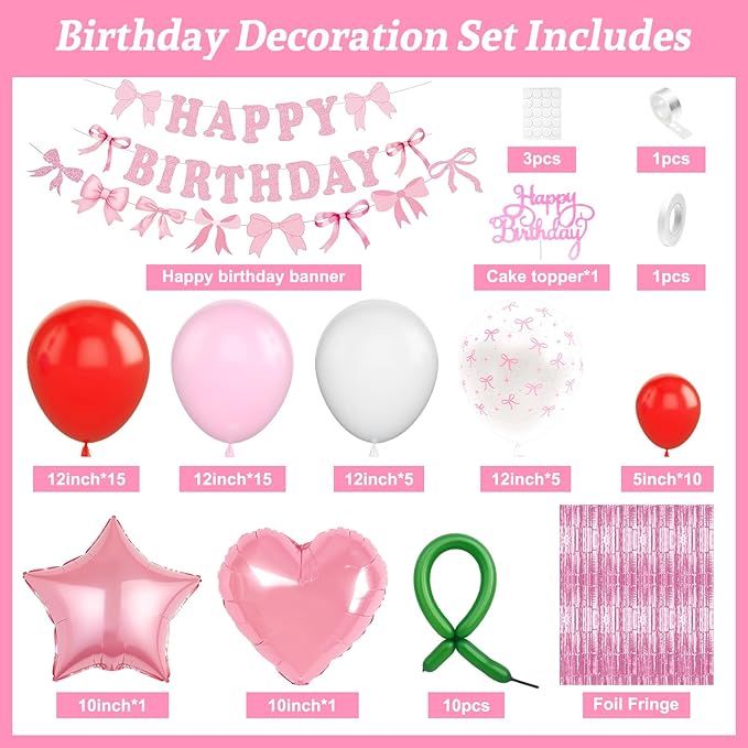 Cherry Birthday Decorations for Girl, Pink White Red Bows Balloons with 'HAPPY BIRTHDAY' Banner Fringe Curtains Heart Foil Balloons Cake Topper for Women Girls Birthday Party Decor