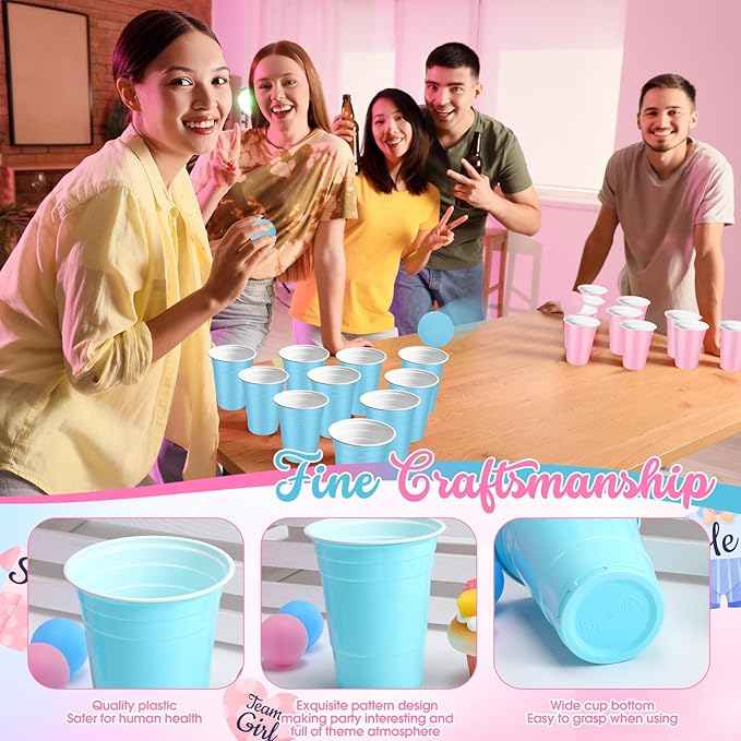 32 Pcs Gender Reveal Party Game Set Include 16oz Pink Blue Plastic Cups with 8 Balls, Cups for Party Decor Juice Beverage Outdoor Toss Game Supplies