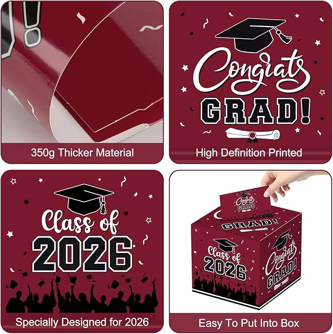 Graduation Card Box 2026 - Congrats Grad Card Boxes Holder, Maroon and Black Class of 2026 Graduation Gift Cards Box for Graduation Party Decorations 2026 Favors Decor Supplies Props,9x 9 x 9 inches