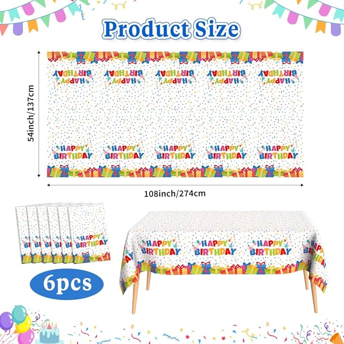 Birthday Tablecloth, 6 PCS Birthday Table Cloths 54'' x 108'' Disposable Birthdays Table Cover Waterproof Plastic TableCloth Rectangle Party Tablecloths for Kid’s Happy Birthdays Party Decorations