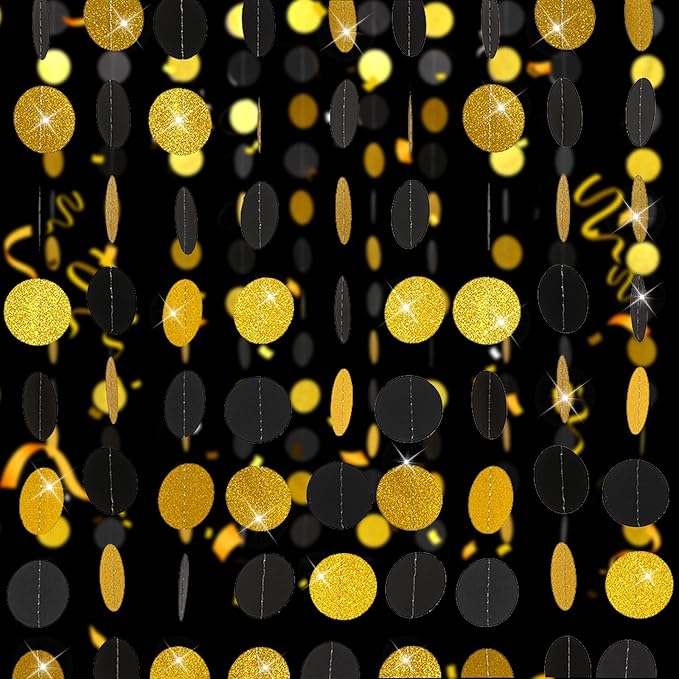 Syhood 10 Pcs Party Decorations Paper Dot Circle Garlands Glitter Streamers Hanging Banner Decor for New Year Baby Shower Wedding Birthday Backdrop Supplies (Black and Gold)