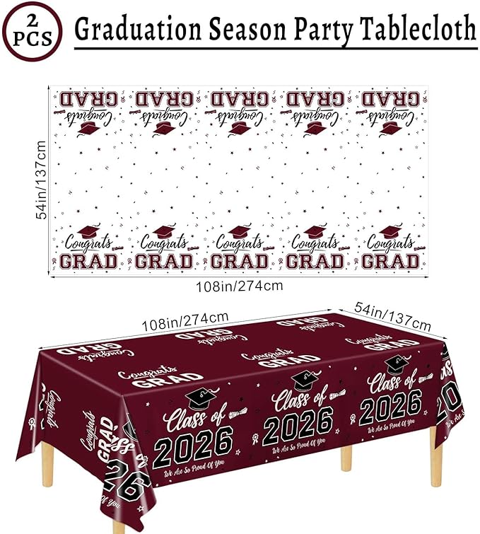 Oigco 2 Pack Maroon Graduation Tablecloths, Graduation Decorations Class of 2026, Congrats Grad Plastic Table Cloths for Graduation Party Decorations, 54 x 108 Inch
