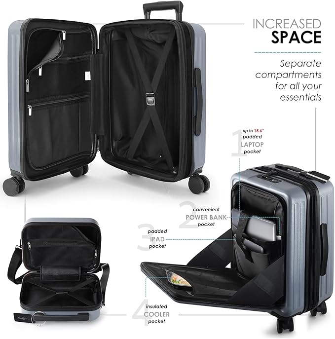 TRAVELARIM 20 Inch Carry On Luggage 22x14x9 Airline Approved, Carry On Suitcase with Wheels, Hard-shell Carry-on Luggage, Durable Luggage Carry-On, Grey Small Suitcase with Cosmetic Case