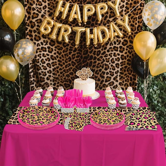 Cheetah Print Birthday Decorations, Pink Cheetah Birthday Decorations Includes Plates, Napkins, Cups, Tablecloth, Tableware for Leopard Party Serves 20 Guests