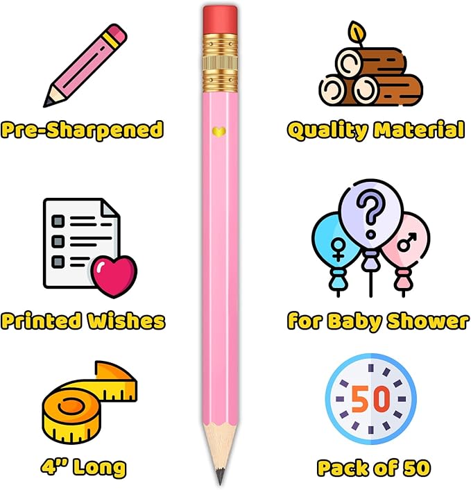 50Pcs - Baby Shower Sharpened Half Pencils with Erasers, Pre-sharpened Pencils for Baby Shower Games, 4 Inches