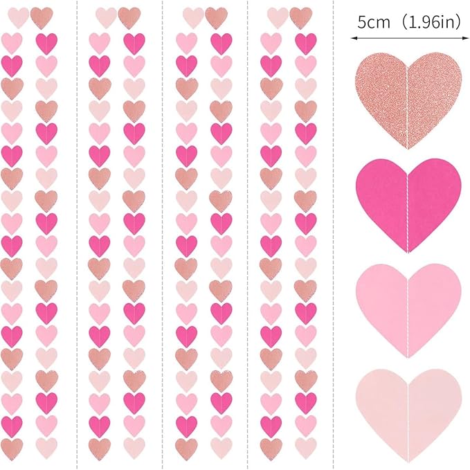 Hot-Pink Rose-Gold Heart Garland Hanging Decorations, 52 Feet, Hanging Streamers for Valentine, Wedding, Birthday Parties, Mother's Day, Bridal Showersal, Bachelorette Party (Hot-Pink Rose-Gold)