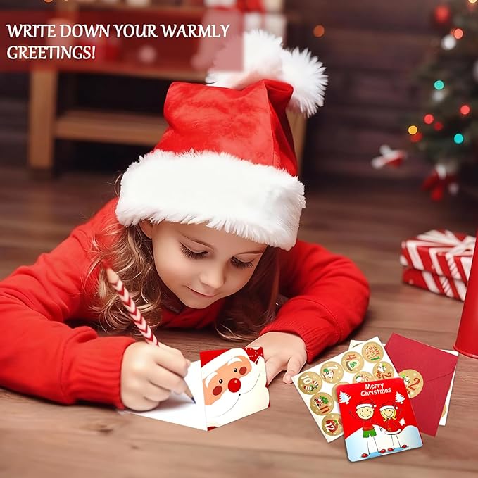 24 Christmas card with Envelopes& Sticker categories, holiday cuteness multiple loose cards with envelopes and written blessing messages, can be given to friends, family, children, boys and girls (Red)