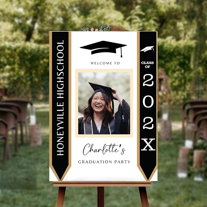 Graduation Welcome Sign With Photo, Classic Style, Plastic, 18'x27', 12'x18', 18'x24', 24'x36', Free Standing, Weatherproof & Fade-Resistant, Yard Signs, Graduation Parties