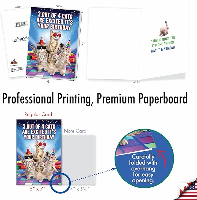 NobleWorks - 1 Happy Birthday Card with Funny Animals - Wildlife and Pet Humor, Fun Birthday Celebration Notecard - Excited Cats C3525BDG