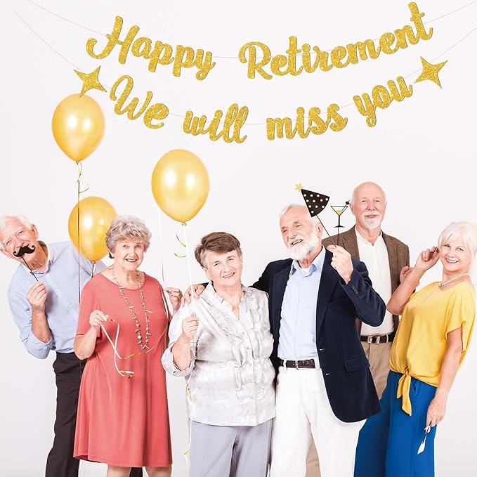 Gold Happy Retirement Banner for Happy Retirement Decorations,We Will Miss You Banner-Glitter Going Away Party Decor Sign Goodbye Farewell Decorations Party Supplies for Coworker Men Women